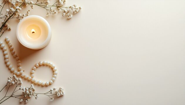 Minimalist sympathy flat lay banner with glowing candle, pearls, and white flowers on beige background