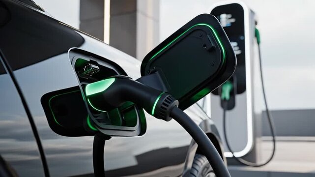 Electric car charging at modern station during day
