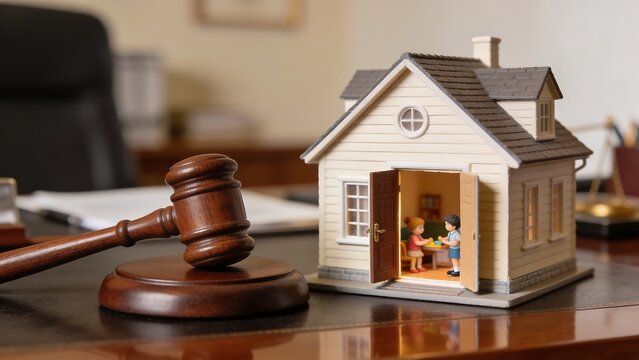Judge Gavel and Miniature House Model Representing Family Law