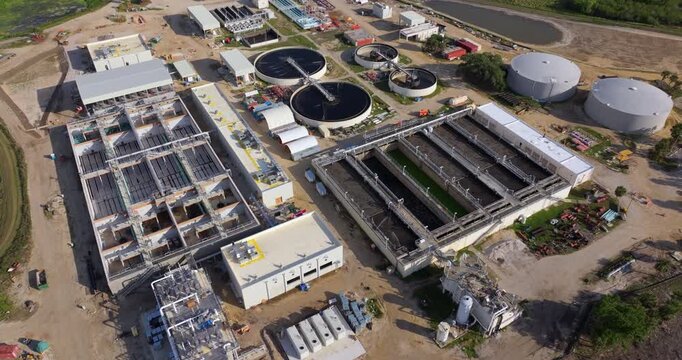 Water treatment facility at city wastewater cleaning plant. Purification process of removing undesirable chemicals, suspended solids and gases from contaminated liquid.