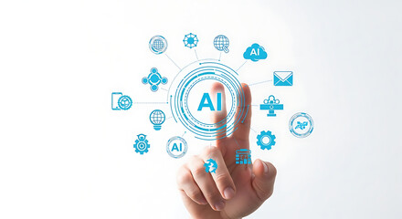 Fototapeta premium Human hand touching glowing holographic artificial intelligence interface icons, digital innovation concept featuring minimalist white background and futuristic data visualization graphics.