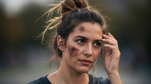 Tough Competition: A young athlete, bruised and determined, with her hair in a messy bun, faces the camera with a resolute gaze after a challenging game.