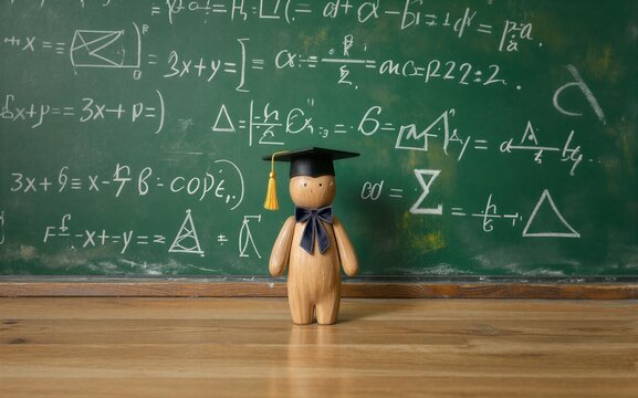 Wooden bear in graduation cap stands before chalkboard filled with