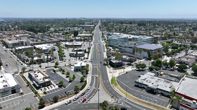 Long Beach, California, USA - Drone View of Roundabout of Traffic Circle on Pacific Coast Highway Facing Orange County