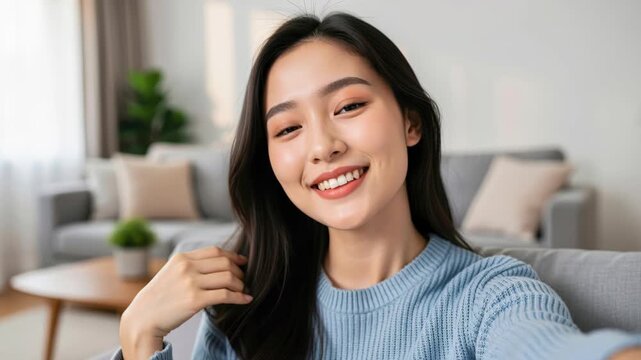 Happy Young Woman Taking a Selfie: A smiling young woman with long dark hair, wearing a blue sweater, captures a selfie in a comfortable living room setting.
