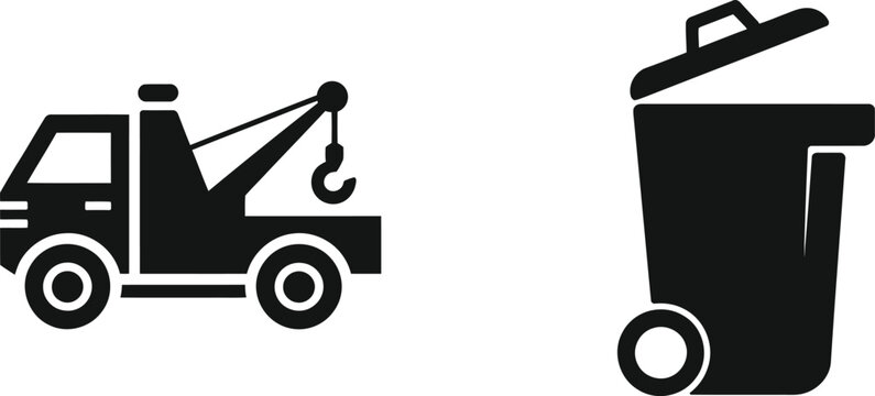 Minimalist black set featuring a heavy duty tow truck and a large rolling waste bin for municipal sanitation services and urban logistics concepts