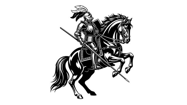 Illustration of a proud knight in full armor, mounted on a rearing horse, holding a spear, embodying strength and medieval combat readiness