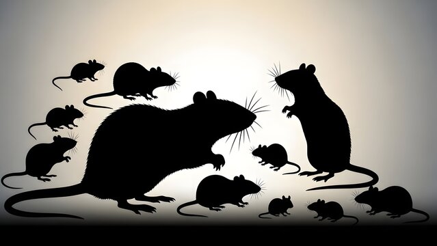 Silhouettes of a large group of rats and mice of various sizes against a bright background, depicting a rodent family or infestation.