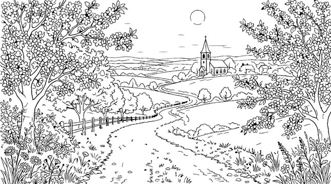 Winding path leading to a village church on the hill