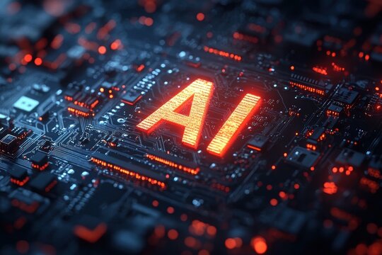 glowing red AI letters embedded on a dark circuit board with microchips, electronic components and neon red and blue lights, conveying tense futuristic energy