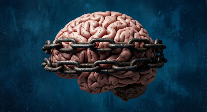 Human brain bound by heavy rusty iron chains against a dark blue grunge background representing mental restriction.