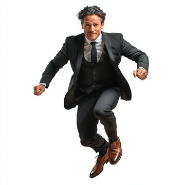 energetic mid-air man in tailored dark three-piece suit with white shirt, black tie and brown leather shoes leaping in a confident powerful business pose on white background