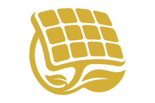 Golden solar panel icon with green leaves for clean energy Vector