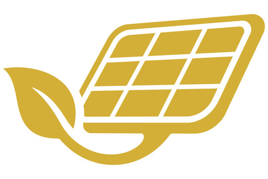 Golden solar panel icon with a leaf symbol for green energy Vector