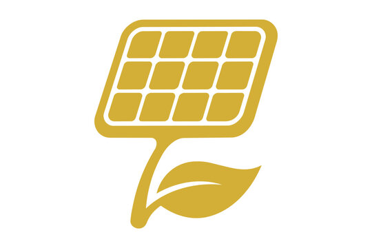 Golden solar panel icon with a green leaf symbol for energy Vector