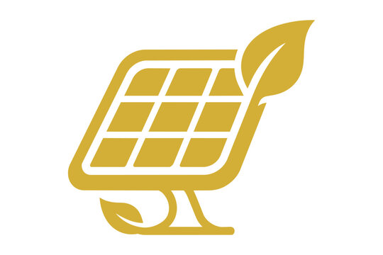 Golden solar panel icon with green leaves for clean energy Vector