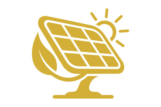 Golden solar panel icon with sun and leaf for green energy Vector