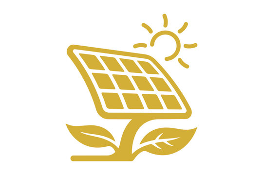 Golden solar panel icon with sun and leaves for green energy Vector