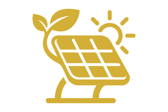 Golden solar panel icon with a green leaf and a shining sun Vector