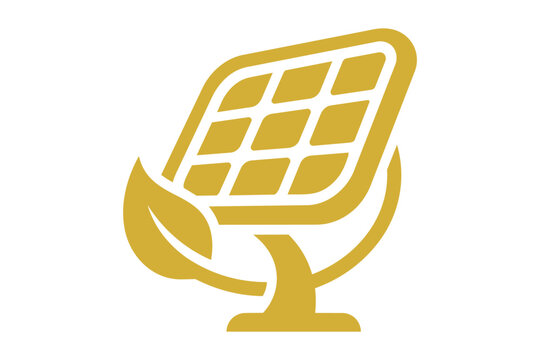 Golden solar panel icon with a green leaf symbol for energy Vector