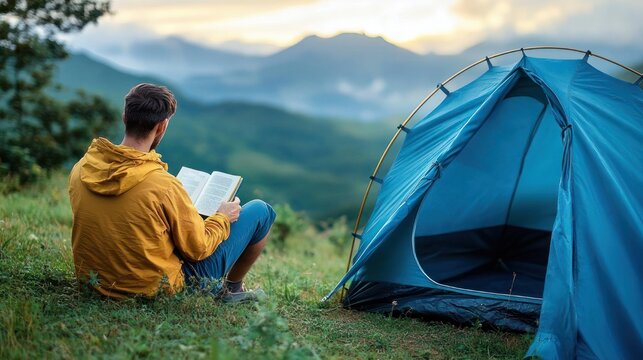 Person in yellow jacket sitting on grass reading a book beside a blue tent overlooking misty mountains at sunrise, peaceful and contemplative
