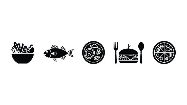 A set of food icons on a white background with a bowl, fish, plate, utensils, and pizza