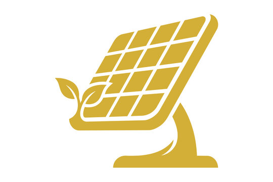 Golden solar panel icon with small green leaves for clean energy Vector