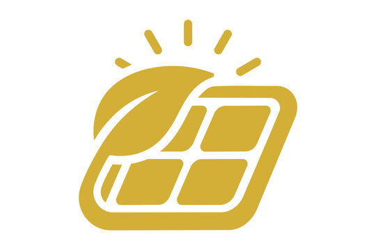 Golden solar panel icon with a green leaf for renewable energy Vector
