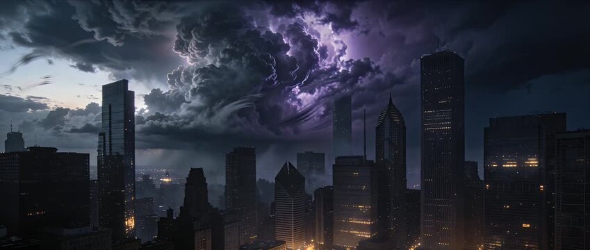 Dramatic city skyline dark storm cloud night cityscape lightning sky urban skyscraper moody atmosphere downtown skyline stormy weather dramatic sky city light dense city skyline swirling dark cloud