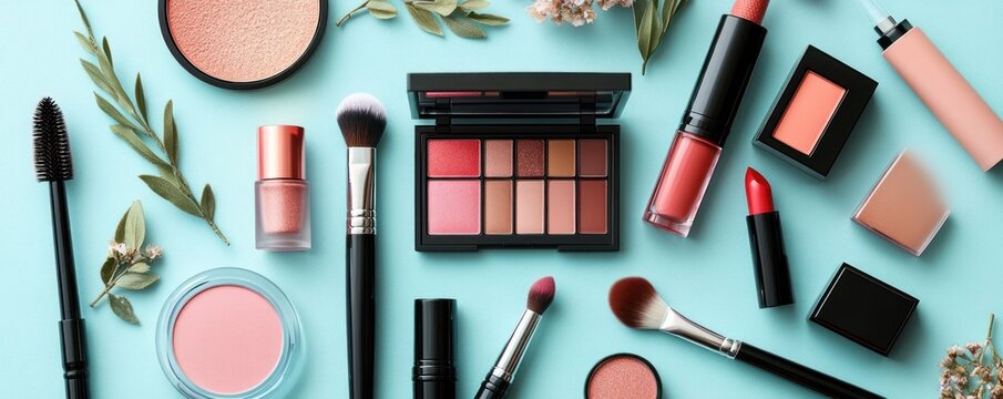 Flat lay of makeup and beauty products: eyeshadow palette, brushes, lipstick, lip gloss, mascara, blush compacts and floral sprigs on pastel blue background conveying fresh chic mood