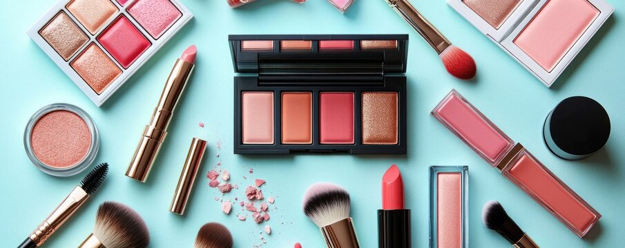 flatlay of pink and coral makeup on turquoise background with eyeshadow palettes, lipsticks, lip glosses, blush compacts, loose shimmer and various brushes conveying glamorous playful beauty