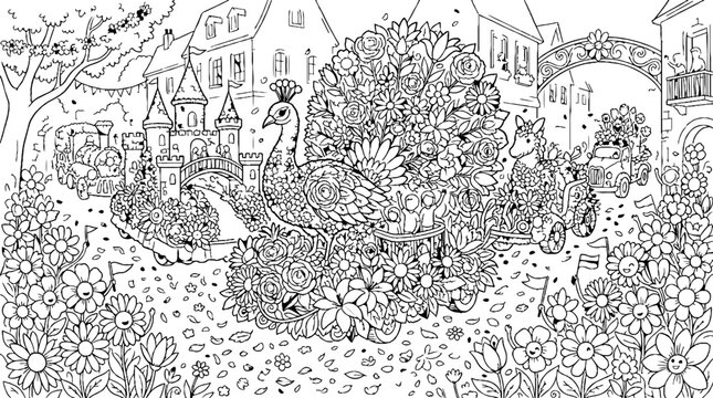 Ornate peacock and castle parade float with floral detail