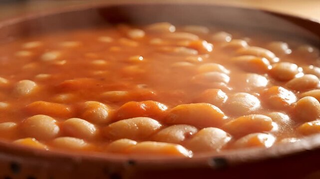 Closeup of steaming hot baked beans in a rustic clay pot.