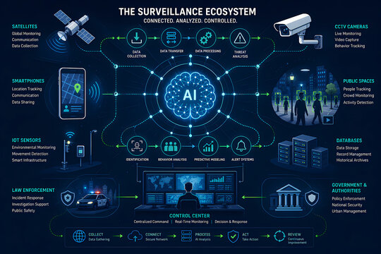 This illustration shows the interconnected components of a surveillance ecosystem driven by AI.