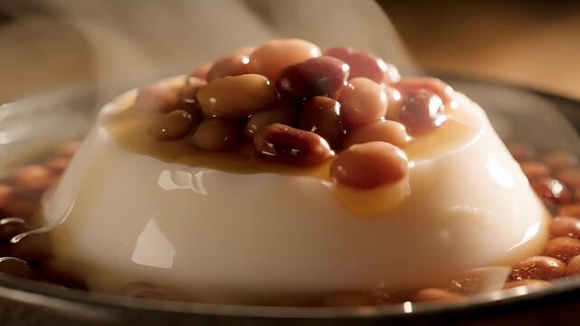 Delicious dessert with creamy pudding and sweet beans close up.