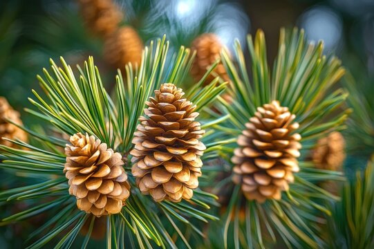 Close-up of brown pine cones clustered on an evergreen branch with green needles and soft blurred background, conveying peaceful natural calm