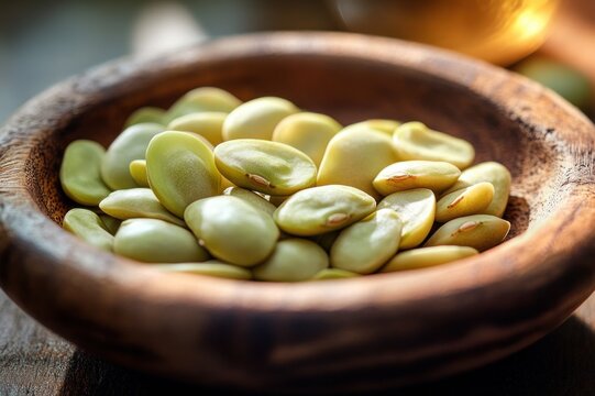 close-up of pale green beans in a rustic wooden bowl on a wooden surface bathed in warm natural light, cozy earthy and inviting mood