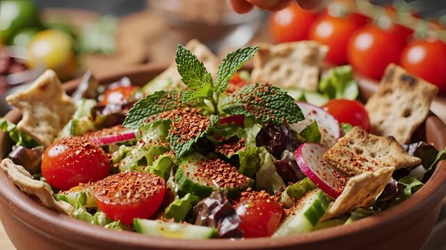 Delicious Fattoush Salad Being Garnished with Fresh Mint and Spices.