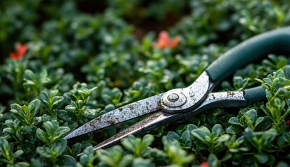 Obraz premium Pruning shears resting on damp green shrubs with soil-speckled blades and tiny orange blooms, close-up conveying quiet, satisfied gardening calm