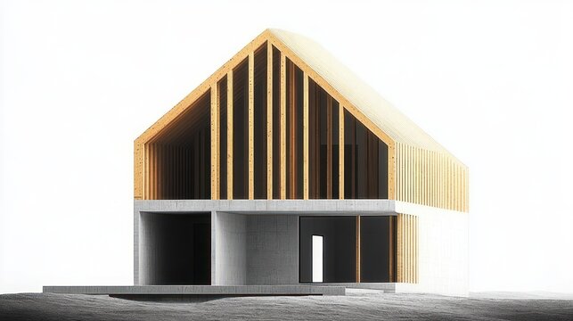 Minimalist modern two-story house with gabled wooden upper facade, concrete open ground floor and raised platform, serene bright architectural rendering