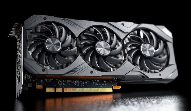 sleek triple-fan graphics card with metal shroud, visible heatsink fins and glowing orange pci express edge on reflective surface, high-performance and powerful