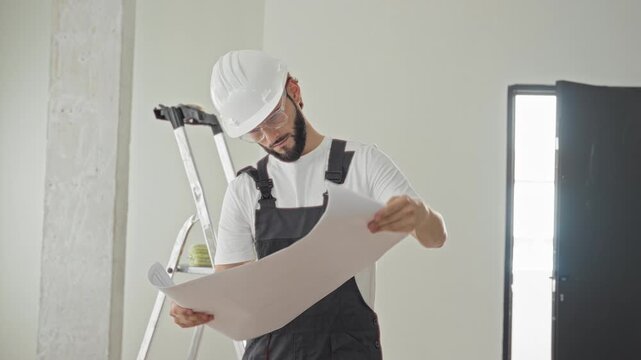 Man construction worker in hard hat and apron reads blueprints with hands holding plans in building; concentration planning.