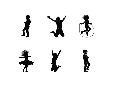 Silhouettes of children engaged in various playful activities, including jumping and skipping rope, against a white background.