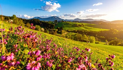 Obraz premium Vibrant Meadow with Wildflowers and Rolling Hills at Sunset.
