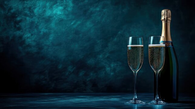 Two sparkling champagne flutes and a closed bottle on a reflective surface against a moody teal backdrop evoking celebration and elegance