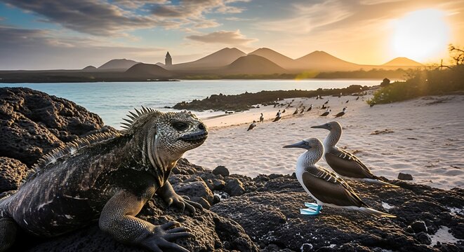 Marine iguana and blue footed boobies on a volcanic beach at sunset