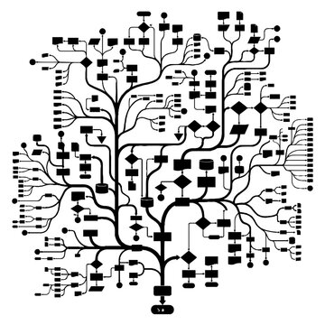 Complex branching decision flowchart tree diagram in black and white.