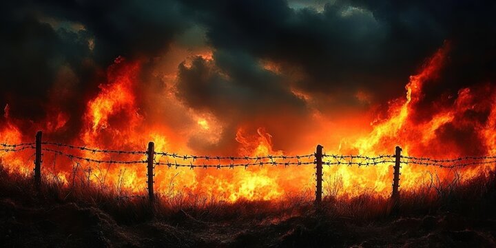 barbed wire fence silhouetted against a raging grass fire with towering orange flames and dark storm clouds, intense and apocalyptic