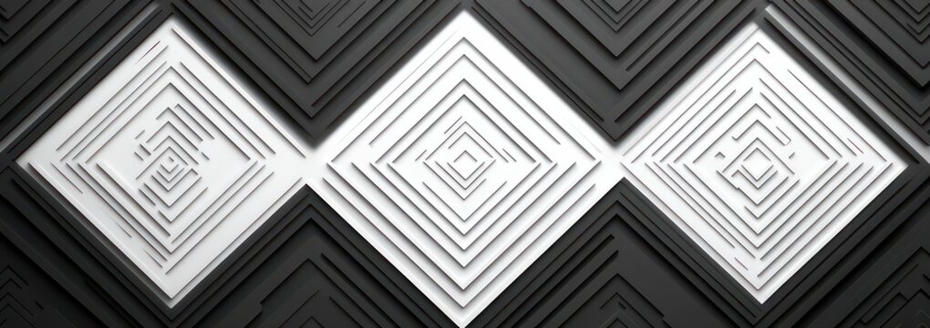 Three stacked concentric white diamond reliefs on a dark stepped geometric background, monochrome minimalist pattern with strong depth and hypnotic rhythm