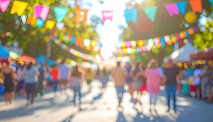Obraz premium Vibrant Outdoor Festival Scene with Colorful Bunting and Crowds of People Enjoying the Day.